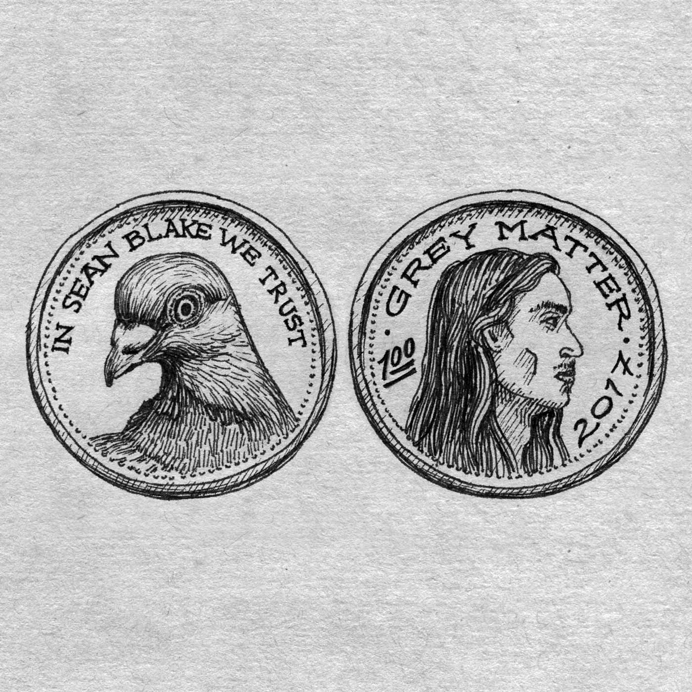 Sketch of a coin featuring Sean Blake HTF and a pigeon