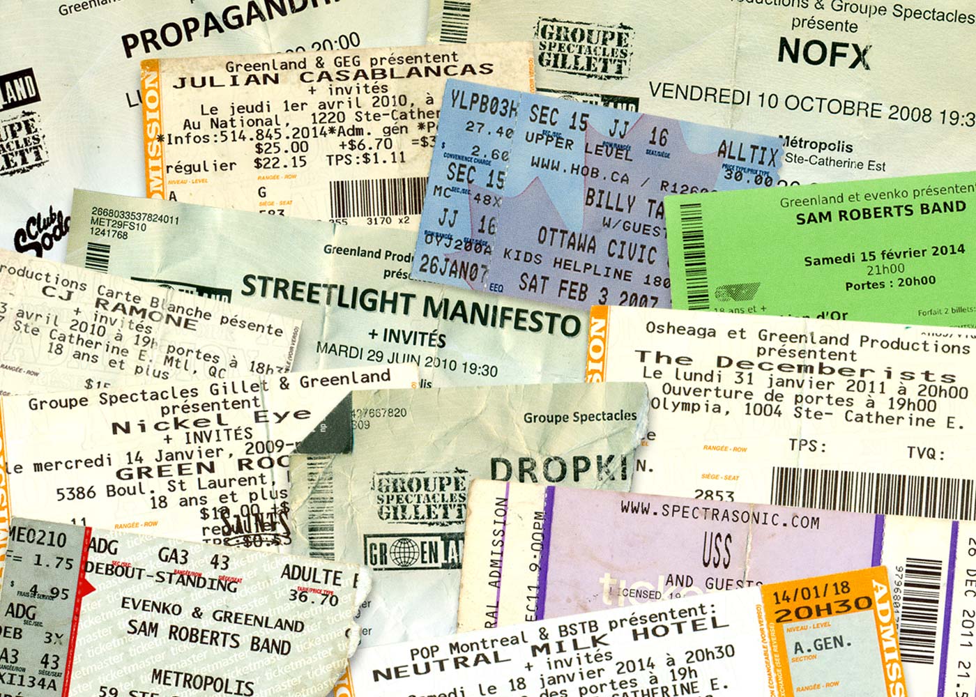 Montage of modern concert tickets