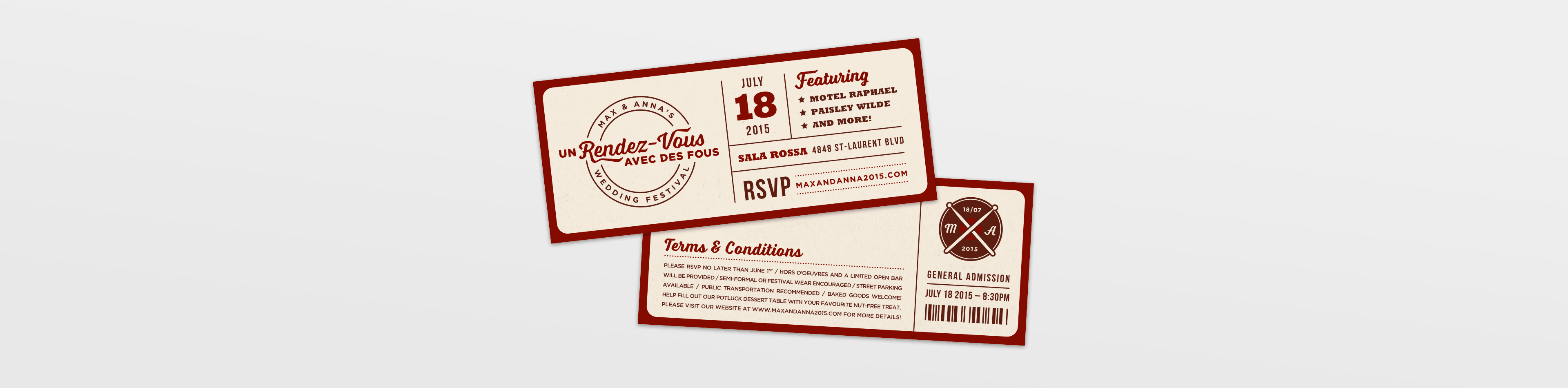 Front and back ticket design for concert-themed wedding invitations