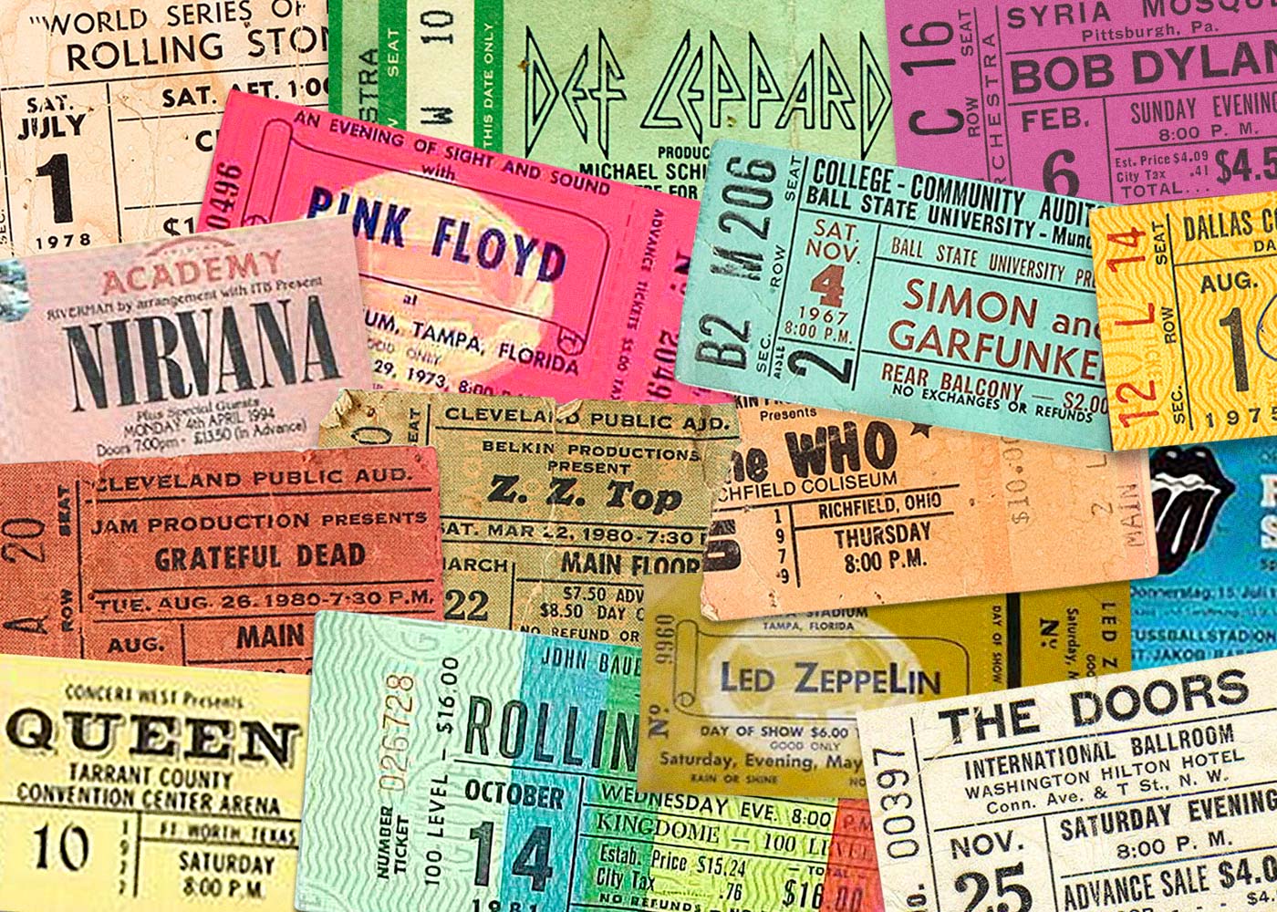 Montage of vintage concert tickets
